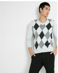 Grey Argyle V-neck Sweater