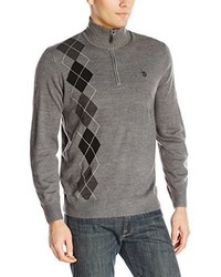 Grey Argyle Zip Neck Sweater