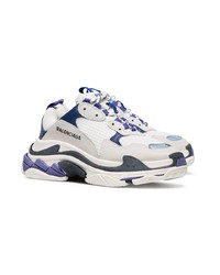 Balenciaga White And Blue Triple S Leather Sneakers