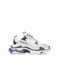 Balenciaga White And Blue Triple S Leather Sneakers