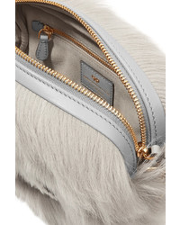 Anya Hindmarch Eyes Mini Leather Trimmed Shearling Shoulder Bag Light Gray
