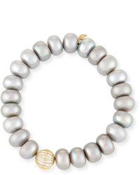 Sydney Evan 10mm Gray Pearl Button Bracelet With Diamond Bezel Ball Station