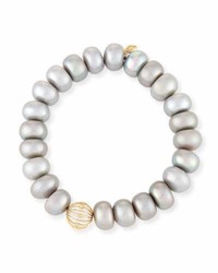 Sydney Evan 10mm Gray Pearl Button Bracelet With Diamond Bezel Ball Station