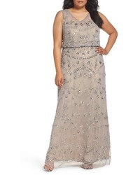 Adrianna Papell Plus Size Beaded Mesh Blouson Gown