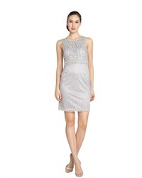 Sue Wong Platinum Grey Scoop Neck Bead Embellished Dress
