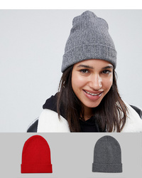 ASOS DESIGN 2 Pack Rib Beanie In Recycled Polyester In Red And Grey