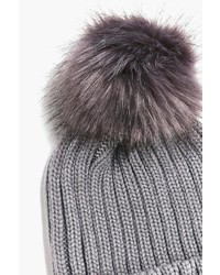 Boohoo Amy Ribbed Beanie With Faux Fur Pom