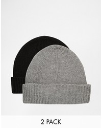 Asos Brand Fisherman Beanie Hat 2 Pack In Black And Gray Save 20%