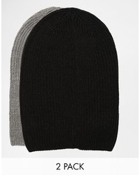 Asos Brand Slouchy Beanie Hat 2 Pack In Black And Gray Save 20%