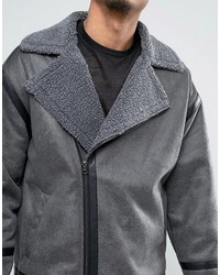 Asos Faux Shearling Biker Jacket In Gray