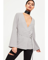 Missguided Grey Belted Bell Sleeve Blazer