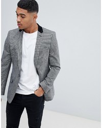 ASOS DESIGN Skinny Blazer In Grey Mini Check With Velvet Collar