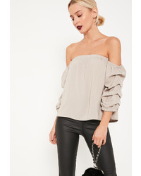 Missguided Grey Ruched Sleeve Bardot Blouse