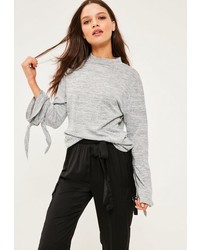 Missguided Grey Tie Cuff Long Sleeve Top