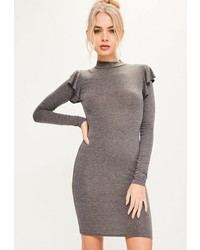 Missguided Grey Brushed Nickel Frill Shoulder High Neck Bodycon Dress