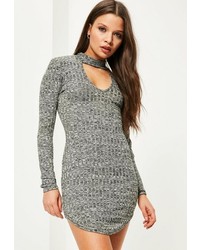 Missguided Grey Choker Neck Curved Hem Ribbed Bodycon Dress