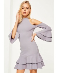 Missguided Grey Crepe Cold Shoulder Frill Bodycon Dress