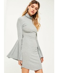 Missguided Grey Flared Sleeve High Neck Bodycon Dress