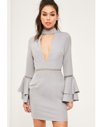 Missguided Grey Crepe Ladder Detail Flared Sleeve Bodycon Dress
