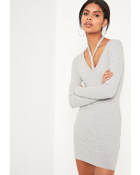 Missguided Grey Harness Neck Long Sleeve Bodycon Dress
