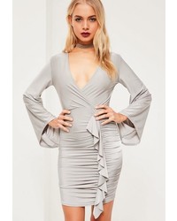 Missguided Grey Slinky Wide Sleeve Frill Bodycon Dress