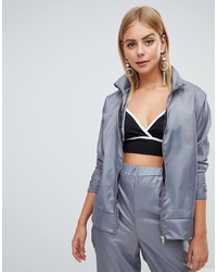 PrettyLittleThing Shell Suit Zip Up Jacket In Grey