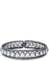 Ice.com 7 75 Mm Silver Grey Potato Pearl And Leather Wire Bangle Bracelet By Michiko