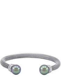 Majorica Silver Tone Bangle Bracelet With Pearl End Caps