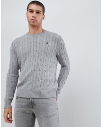 Polo Ralph Lauren Cable Cotton Knit Jumper With Player Logo In Grey Marl
