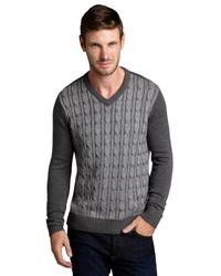 Harrison Charcoal Cashwool Cable Front V Neck Sweater