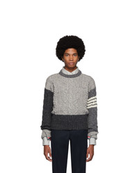 Thom Browne Grey Aran Cable Knit Crewneck Sweater