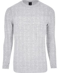 River Island Grey Cable Knit Muscle Fit Sweater