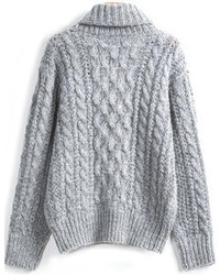 Grey High Neck Cable Knit Loose Sweater