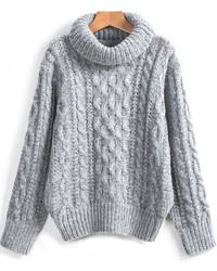 Grey High Neck Cable Knit Loose Sweater