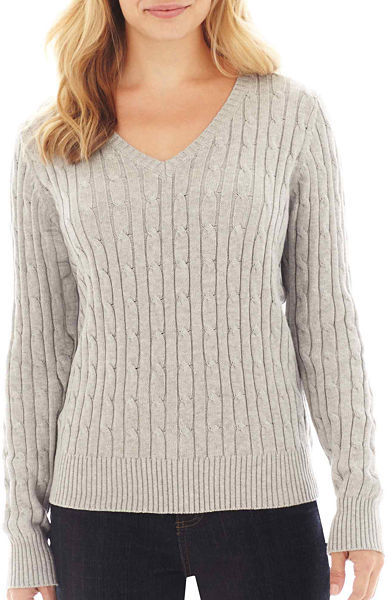 jcpenney St Johns Bay St Johns Bay Long Sleeve V Neck Cable Sweater ...