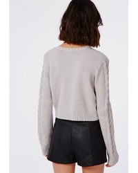 Missguided Cropped Cable Knit Oversized Slouch Sweater Grey