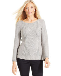 Karen Scott Sweater Long Sleeve Cable Knit Sequin
