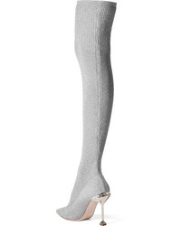 Miu Miu Crystal Embellished Metallic Ribbed Knit Over The Knee Sock Boots