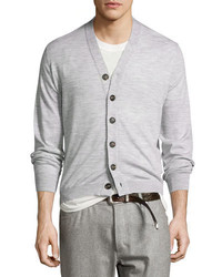 Brunello Cucinelli Fine Gauge Wool Blend Button Cardigan Light Gray