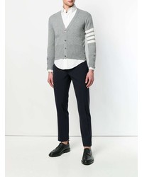 Thom Browne Short V Neck Cardigan With 4 Bar Stripe In Light Grey Cashmere