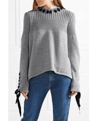 Fendi Grosgrain Trimmed Lace Up Cashmere Sweater Gray