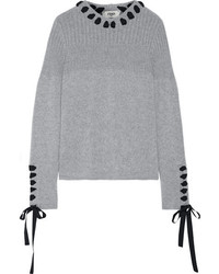 Fendi Grosgrain Trimmed Lace Up Cashmere Sweater Gray