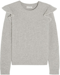 Chinti and Parker Ruffle Trimmed Ribbed Cashmere Sweater Gray