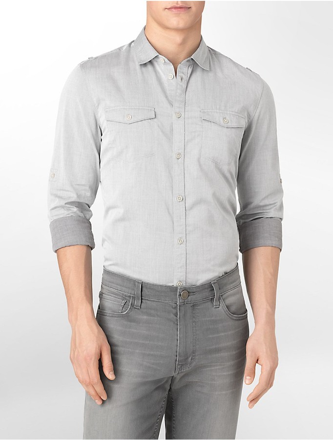 Calvin Klein Slim Fit Solid Cotton Button Front Roll Up Shirt | Where ...