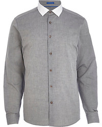 River Island Grey Chambray Contrast Collar Shirt