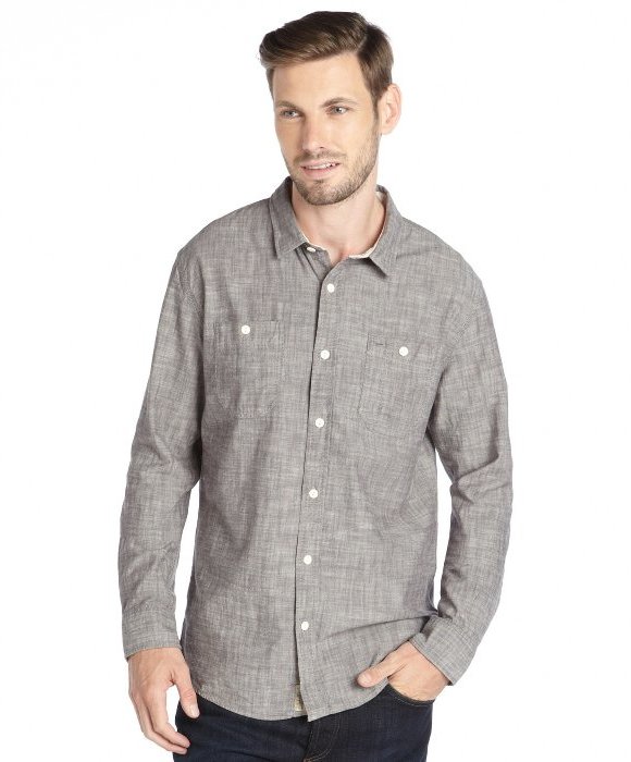 Jachs Blue Cotton Chambray Button Front Shirt, $80 | Bluefly | Lookastic