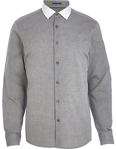 River Island Grey Chambray Contrast Collar Shirt | Where to buy