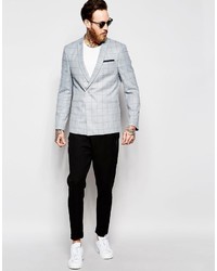 Asos Brand Skinny Double Breasted Suit Jacket In Light Blue Check