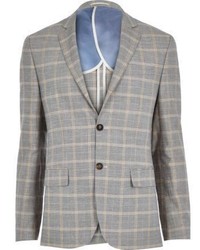 River Island Grey Check Linen Blend Smart Suit Jacket
