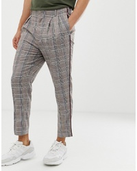 ASOS DESIGN Tapered Smart Trousers In Grey Check With Double Pleat And Grown On Waistband